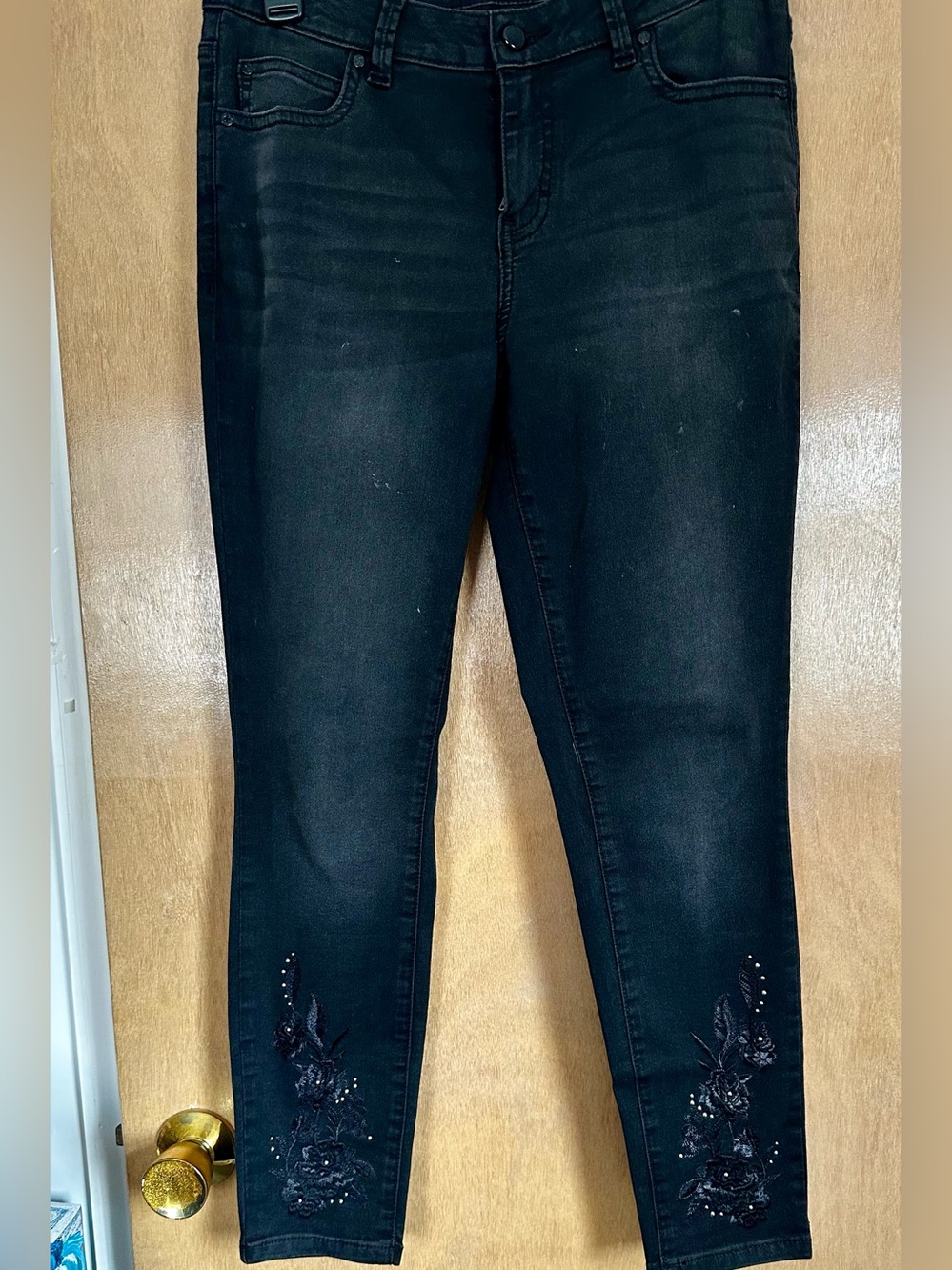 Jennifer Lopez Black Skinny Jeans with Embroidered Hem Accents